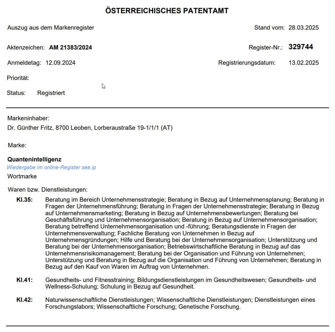 Registerauszug | Quantenintelligenz