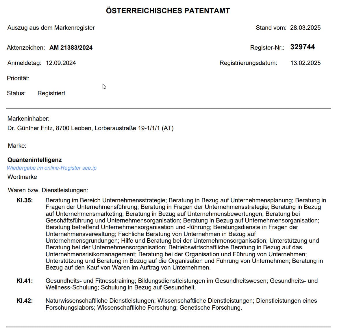 Registerauszug | Quantenintelligenz